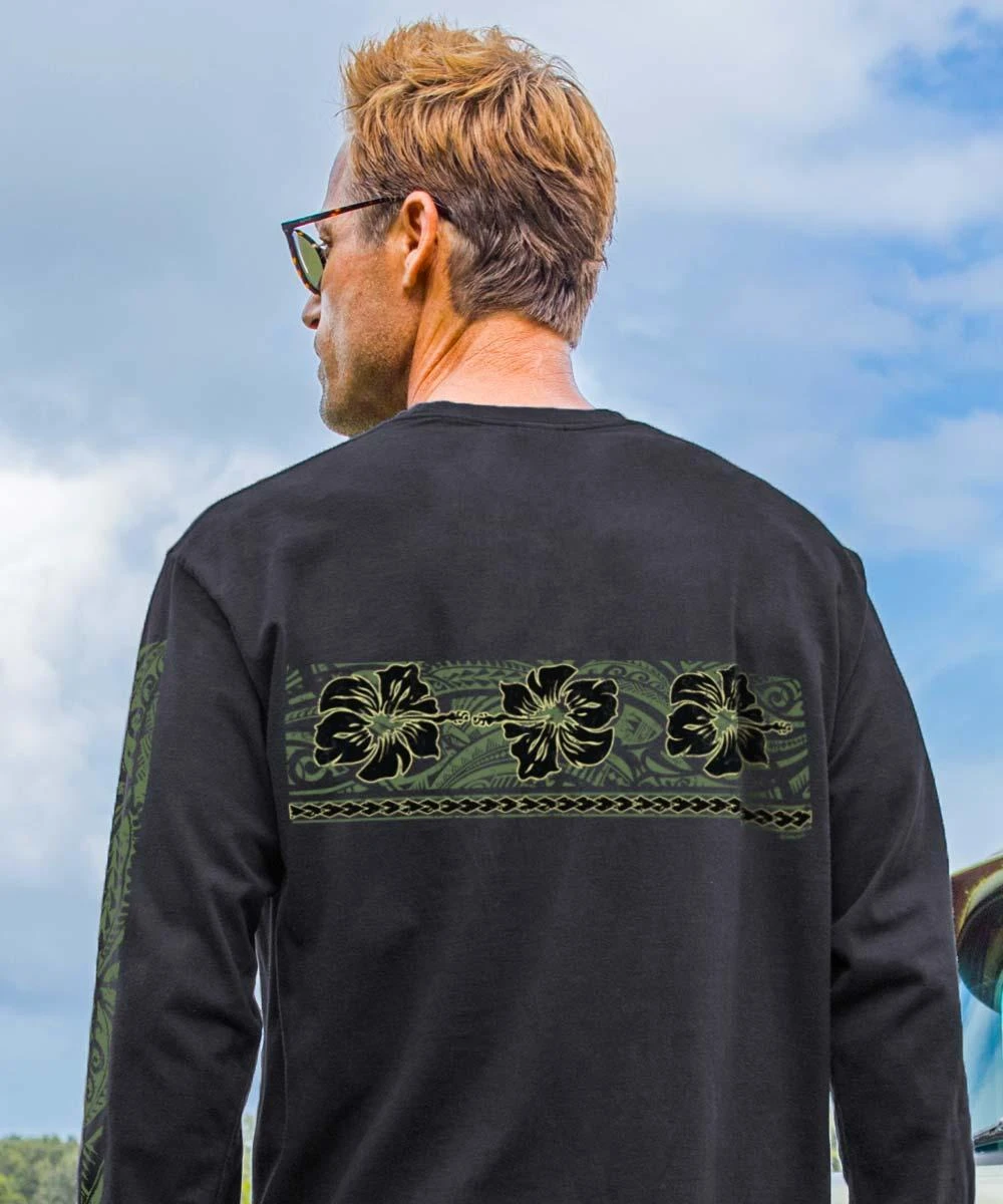 Linear Tribal Pua - Black Long Sleeve Crewneck T-Shirt 4 Linear Tribal Pua - Black Long Sleeve Crewneck T-Shirt - Image 2