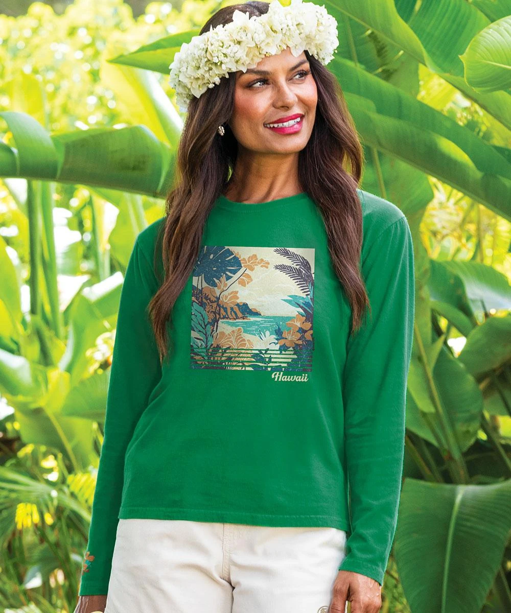 Vintage Tropic Beach Scene - Wintergreen Dyed Long Sleeve Crewneck T-Shirt 3 Vintage Tropic Beach Scene - Wintergreen Dyed Long Sleeve Crewneck T-Shirt
