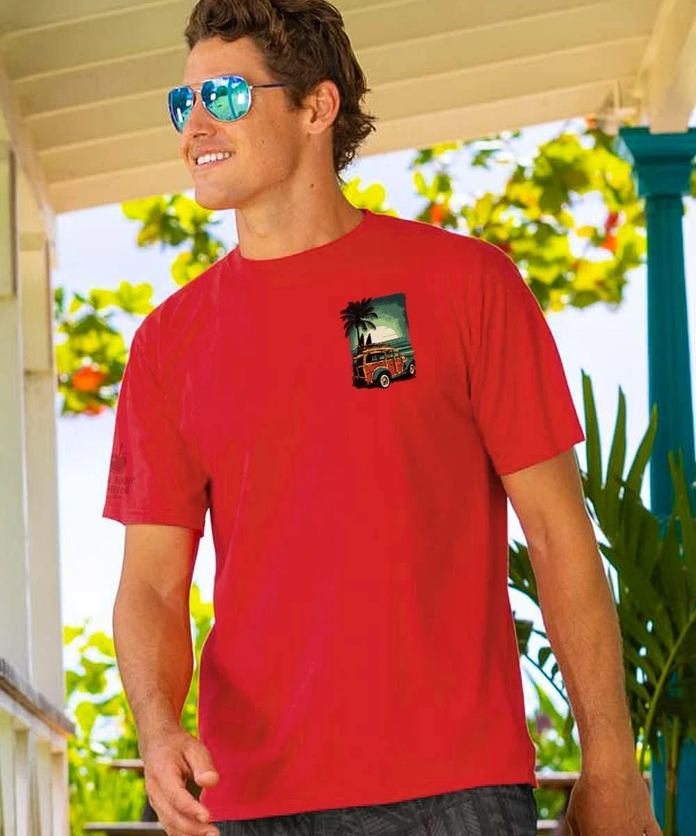 Woody Sunset Surf - Candy Apple Red Dyed Short Sleeve Crewneck T-Shirt 4 Woody Sunset Surf - Candy Apple Red Dyed Short Sleeve Crewneck T-Shirt - Image 2