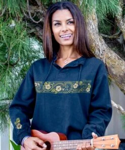 Hibiscus Vines - Navy Long Sleeve Lightweight Pullover