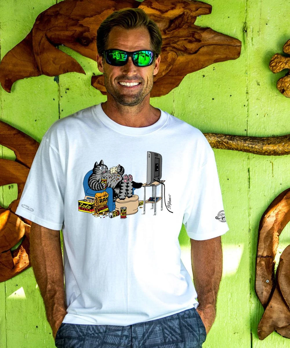 B. Kliban Binge Watching Cat - White Short Sleeve Crewneck T-Shirt 3 B. Kliban Binge Watching Cat - White Short Sleeve Crewneck T-Shirt