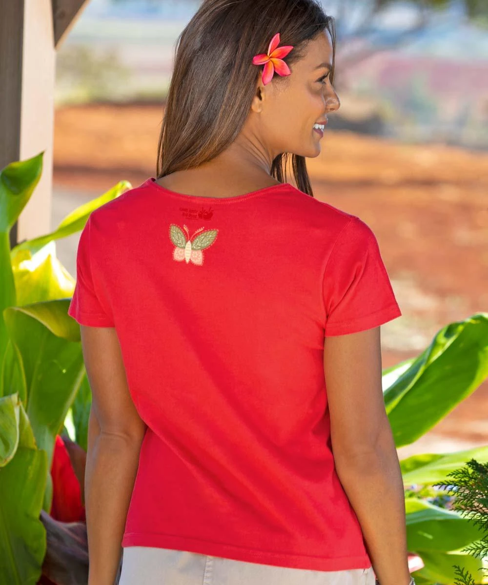 Butterfly Quilt - Candy Apple Red Dyed Short Sleeve Scoop Neck T-Shirt 4 Butterfly Quilt - Candy Apple Red Dyed Short Sleeve Scoop Neck T-Shirt - Image 2