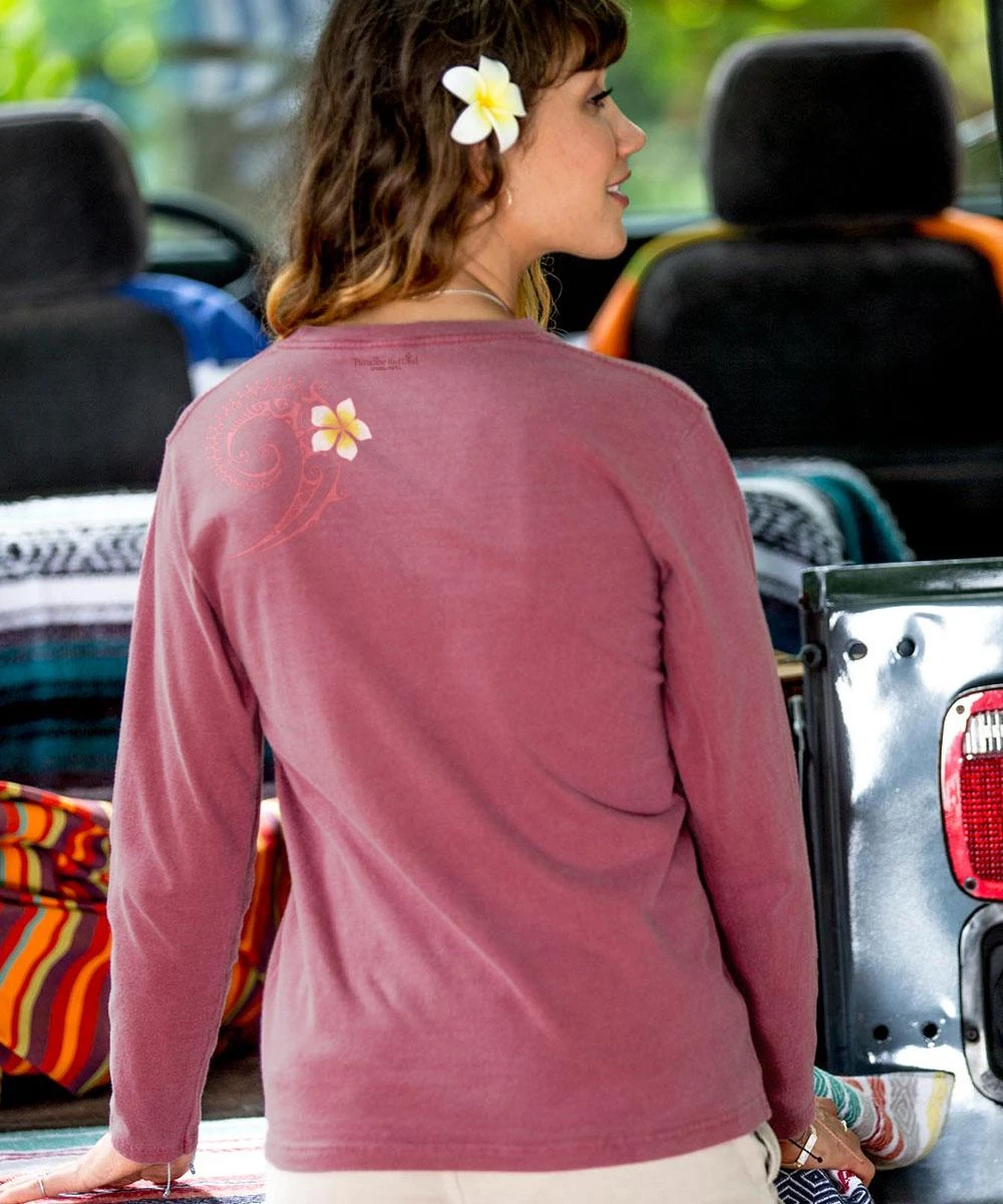 Plumeria Tatau - Paradise Red Dyed Long Sleeve Crewneck T-Shirt 4 Plumeria Tatau - Paradise Red Dyed Long Sleeve Crewneck T-Shirt - Image 2