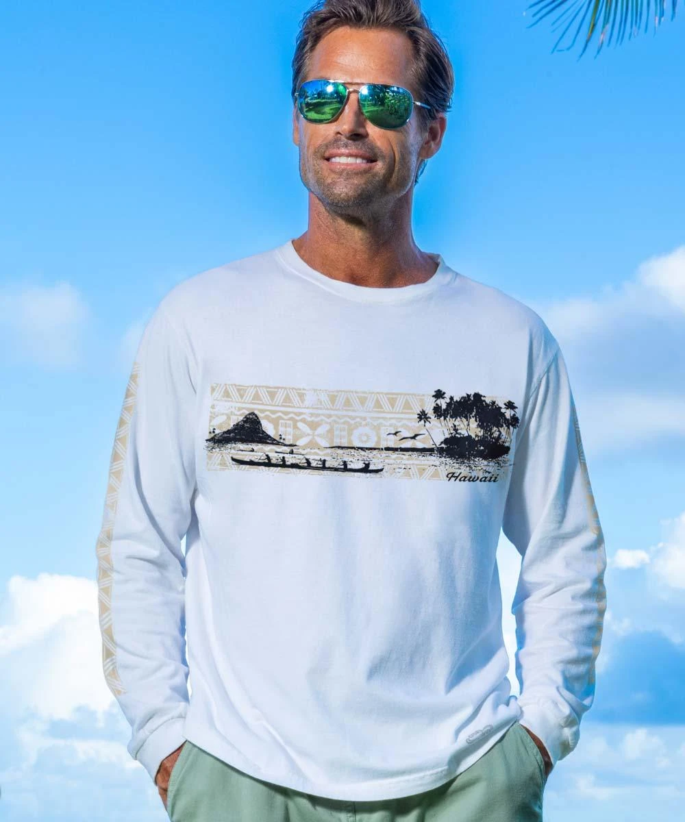 Tribal Outrigger Band - White Long Sleeve Crewneck T-Shirt 3 Tribal Outrigger Band - White Long Sleeve Crewneck T-Shirt