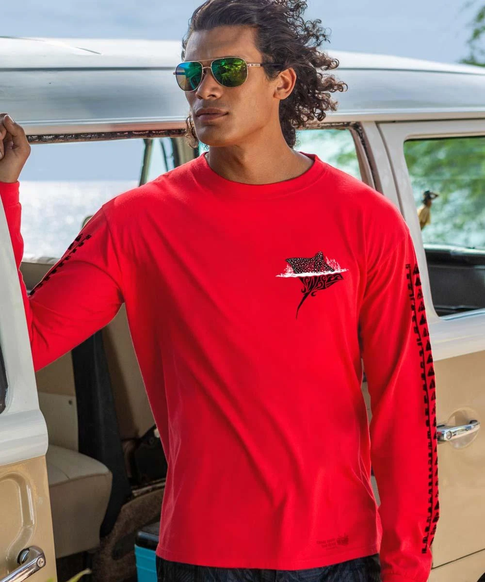 Spotted Eagle Ray - Candy Apple Red Dyed Long Sleeve Crewneck T-Shirt 4 Spotted Eagle Ray - Candy Apple Red Dyed Long Sleeve Crewneck T-Shirt - Image 2