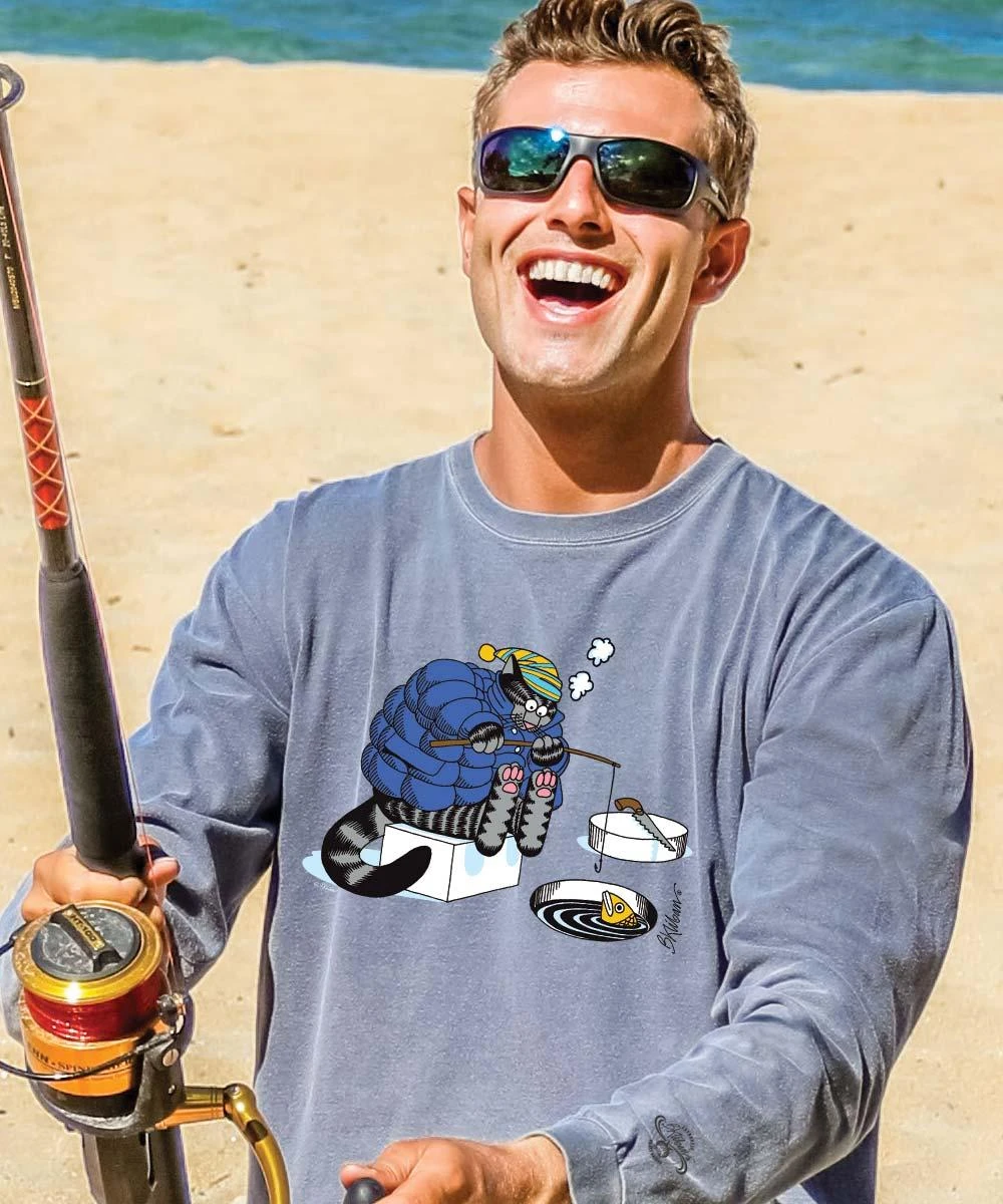 B. Kliban Ice Fishing Cat - Crater Dyed® Long Sleeve Crewneck T-Shirt 3 B. Kliban Ice Fishing Cat - Crater Dyed® Long Sleeve Crewneck T-Shirt